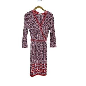 Max Studio Red Blue Medallion Jersey V Neck Dress Medium